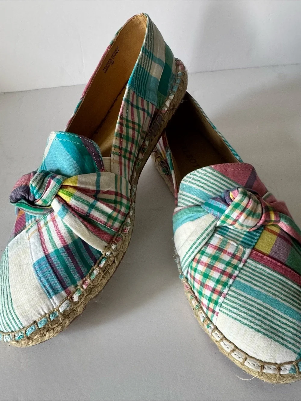 Talbots Women’s 7 Plaid knot Espadrille Flats Teal Pink Slip On Shoes Classic